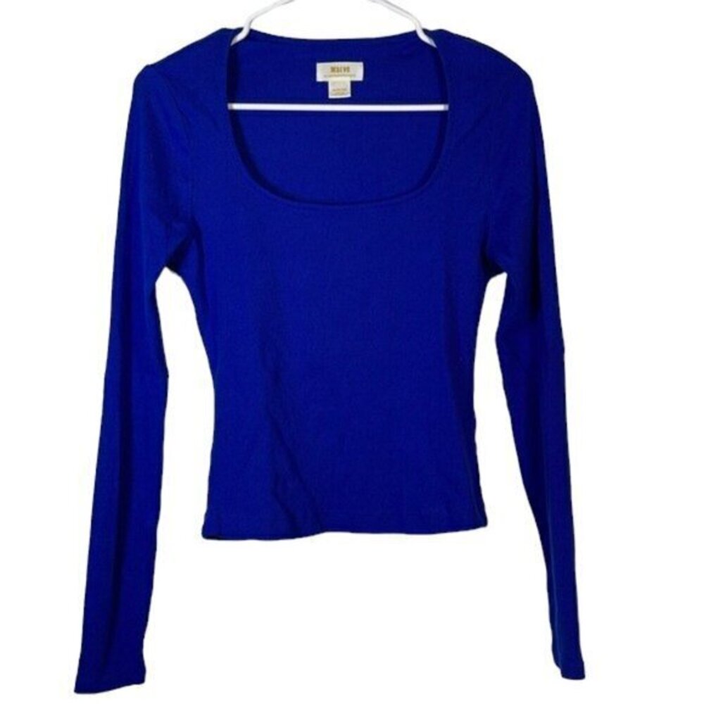 Maeve Anthropologie Blue Scoop Neck L/S Ribbed Blouse Shirt Medium EUC #0549-OC - Picture 1 of 6